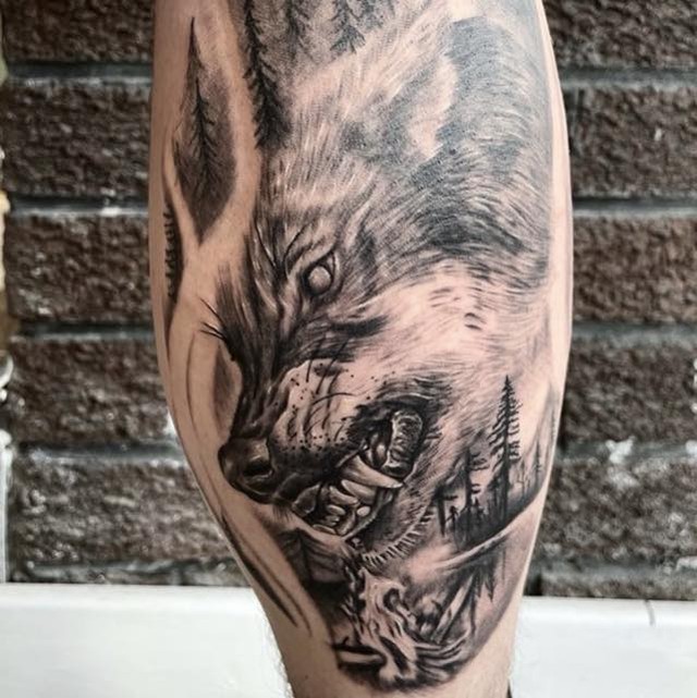 Wolf Leg Black and White Tattoo