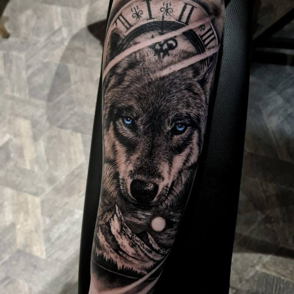 Wolf Watch Forearm Color Tattoo