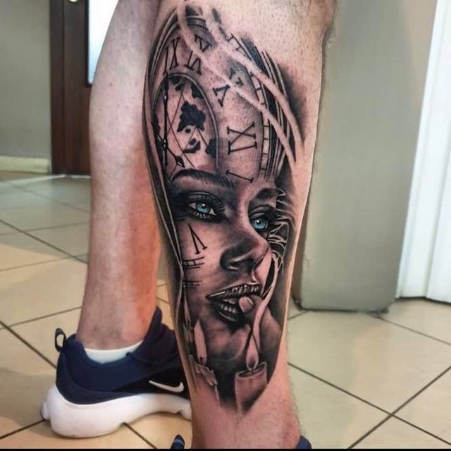 Woman and Clock Leg Black and White Tattoo