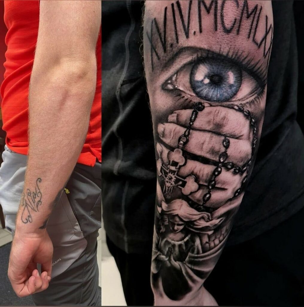 Angel Eye Rosary Forearm Color Cover Up Tattoo