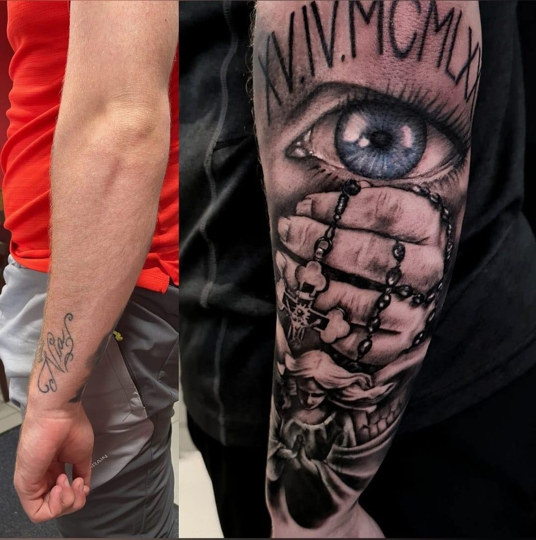 Transforming Arms into Art: Top 68 Tattoo Sleeve Ideas 43 Angel Eye Rosary Forearm Color Cover Up Tattoo