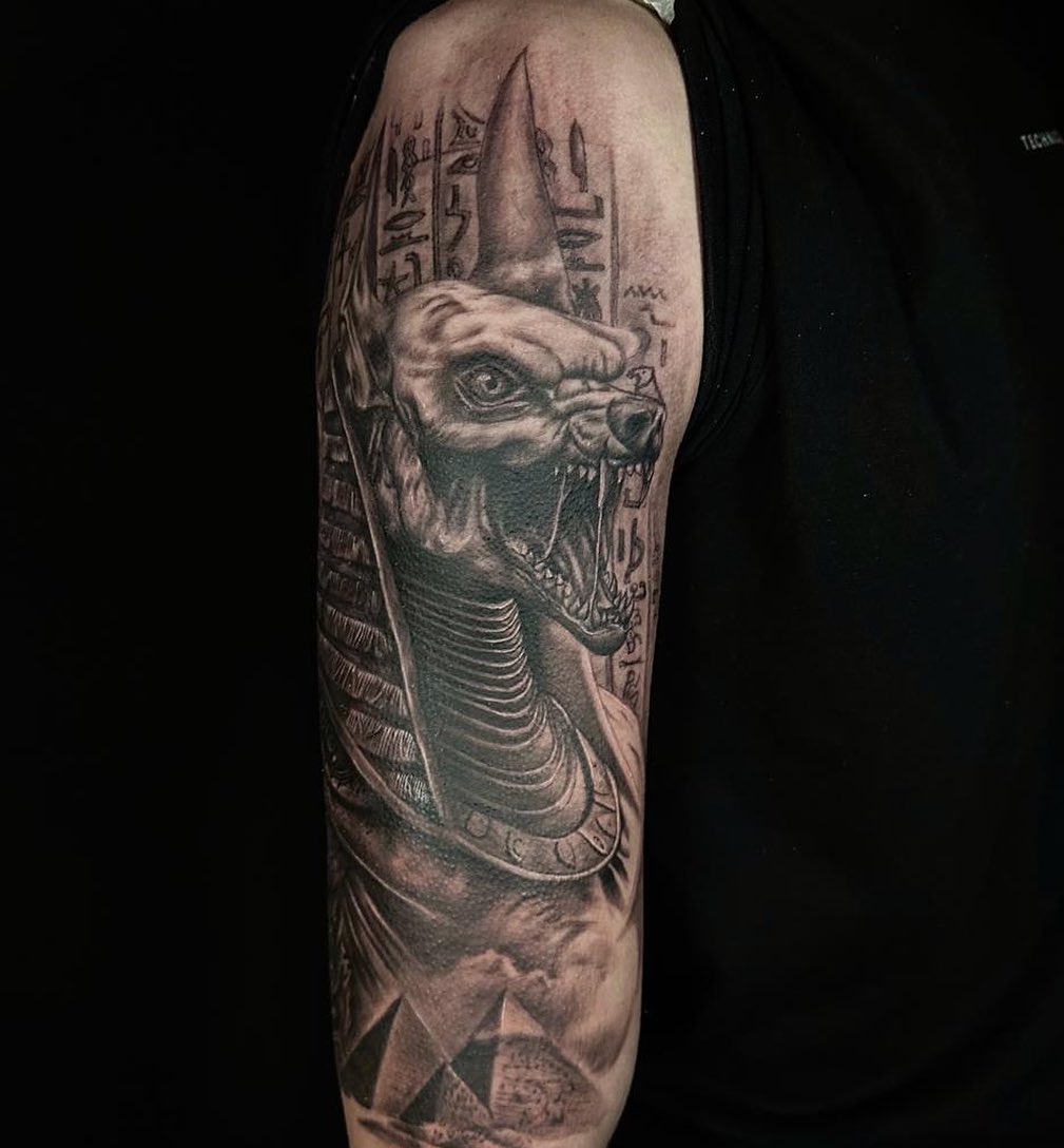 Transforming Arms into Art: Top 68 Tattoo Sleeve Ideas 9 Anubis Egyptian God Sleeve Black and White Tattoo