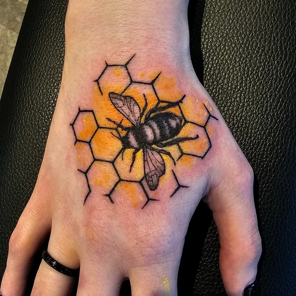 Bee Hand Color Tattoo