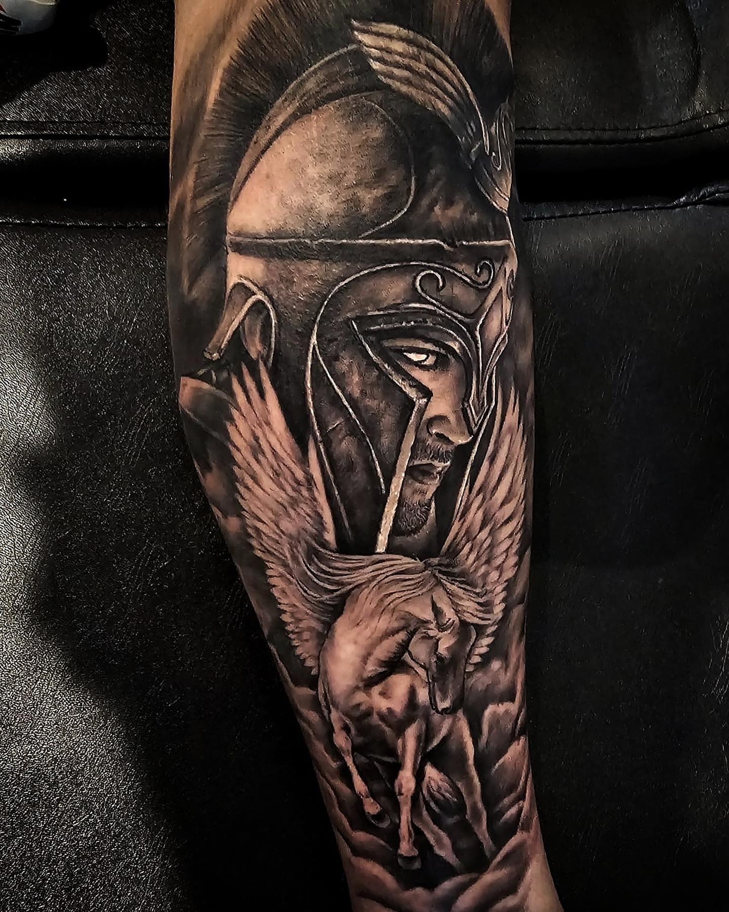 Transforming Arms into Art: Top 68 Tattoo Sleeve Ideas 45 Bellerophon and Pegasus Forearm Black and White Tattoo