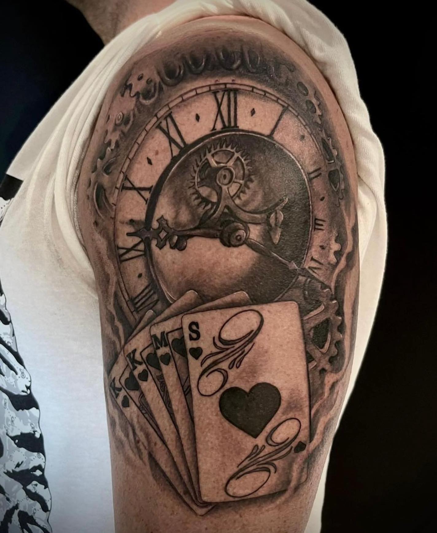 Transforming Arms into Art: Top 68 Tattoo Sleeve Ideas 11 Clock and Cards Sleeve Black and White Tattoo