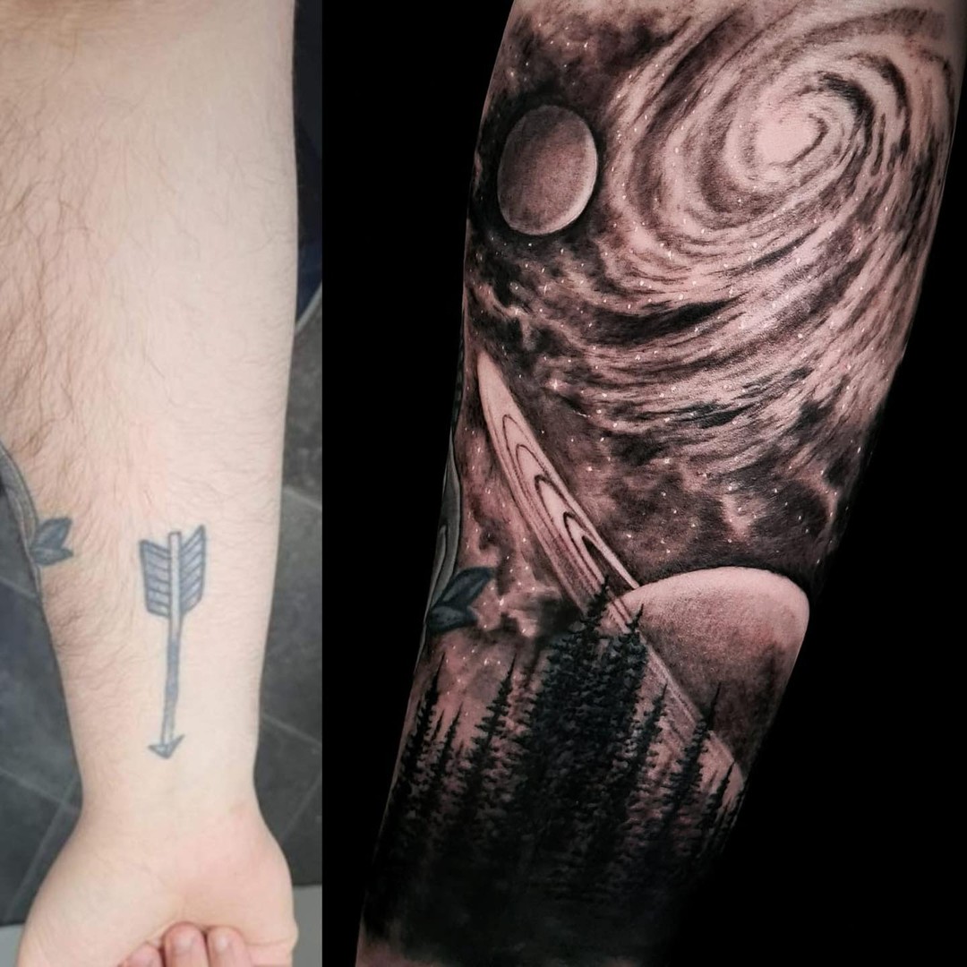 Transforming Arms into Art: Top 68 Tattoo Sleeve Ideas 59 Cosmic Forearm Black and White Cover Up Tattoo