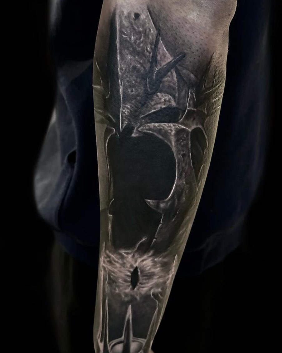 Transforming Arms into Art: Top 68 Tattoo Sleeve Ideas 62 Darkness Metal Helmet Forearm Black and White Tattoo