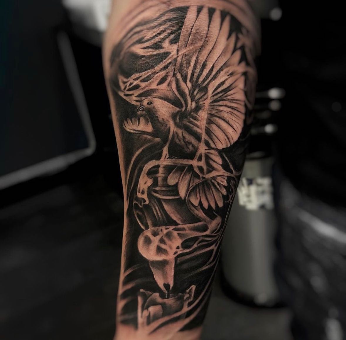 Transforming Arms into Art: Top 68 Tattoo Sleeve Ideas 64 Dove Leg Black and White Tattoo