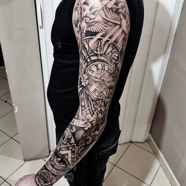 Transforming Arms into Art: Top 68 Tattoo Sleeve Ideas 14 Doves Eye Flower Pocket Watch Full Sleeve Black and White Tattoo