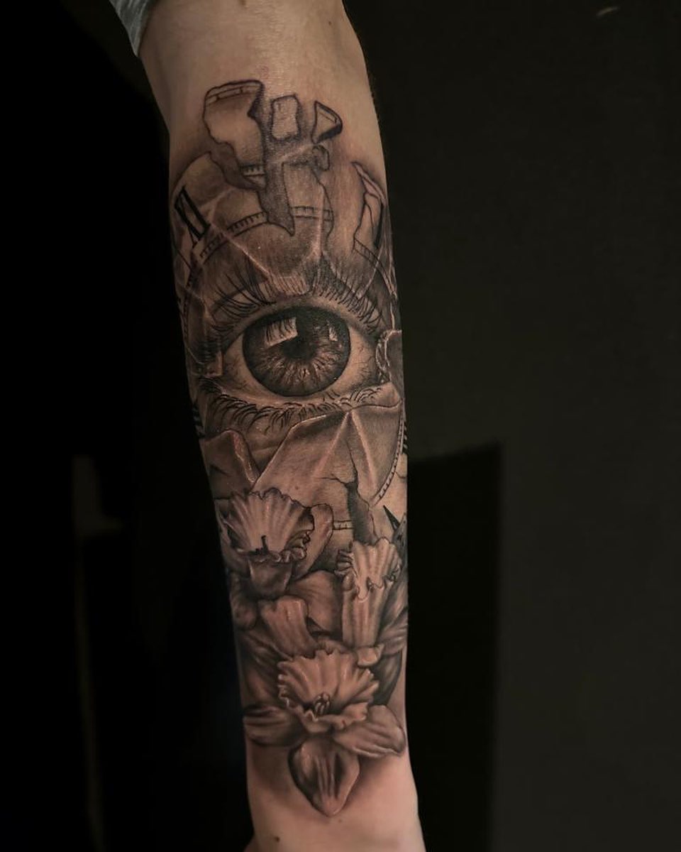 Transforming Arms into Art: Top 68 Tattoo Sleeve Ideas 65 Eye Broken Glasses Flower Forearm Black and White Tattoo