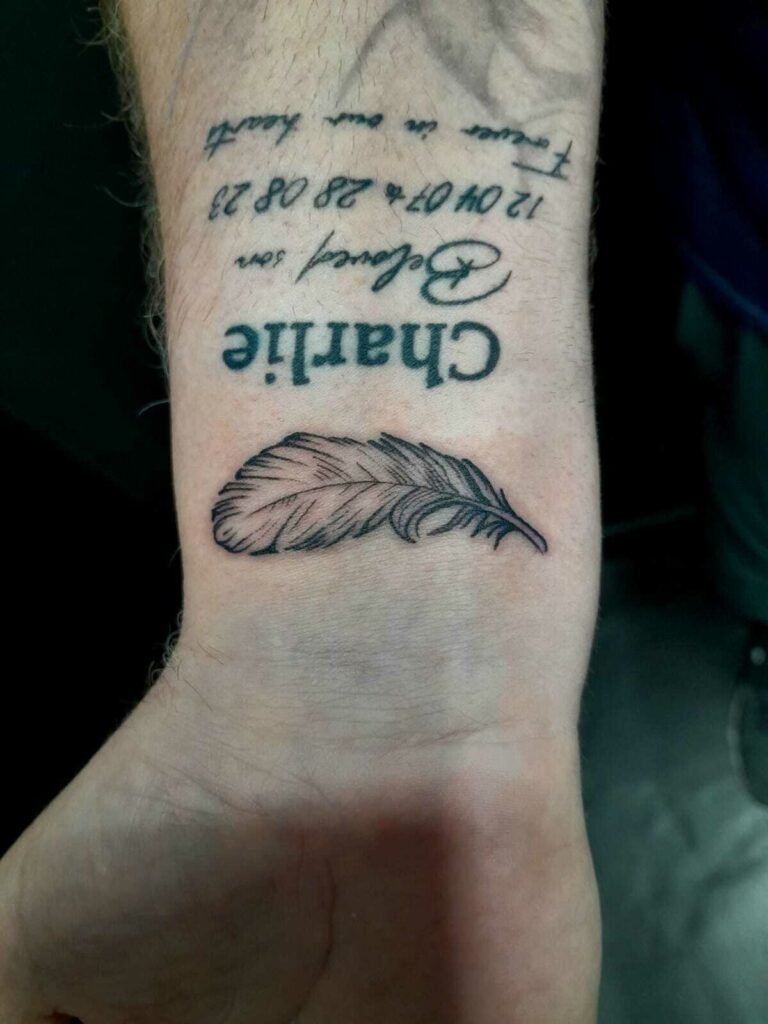 Feather and Name Hand Color Tattoo