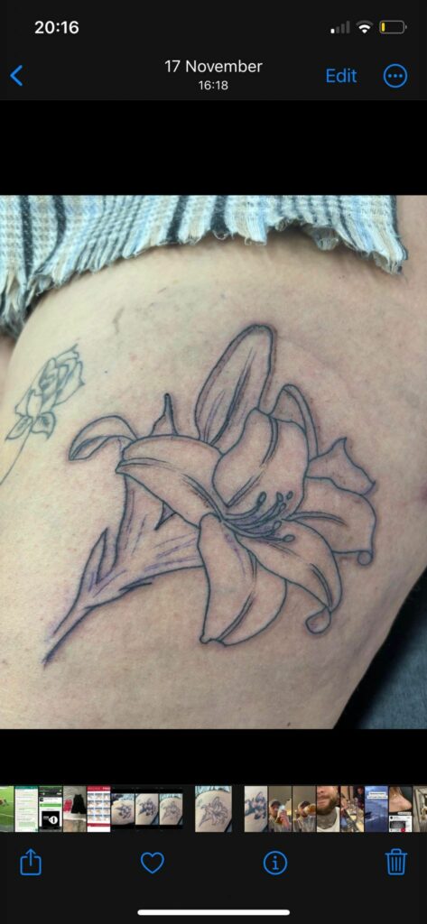 Flower Thigh Black and White Tattoo