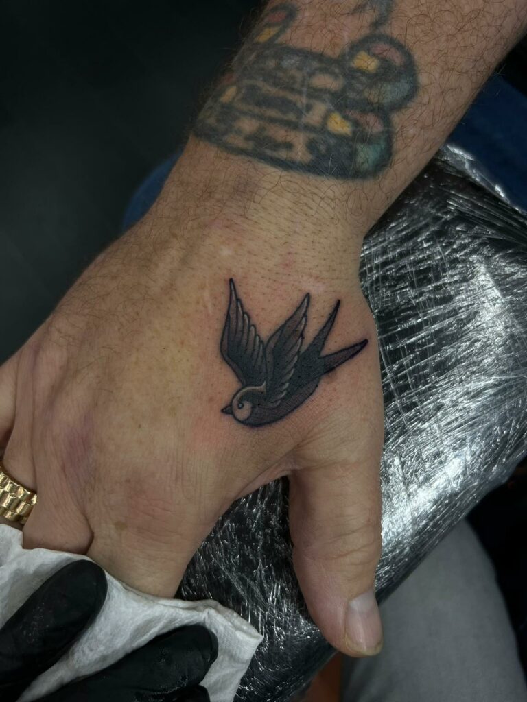 Flying Bird Wrist Black and White Tattoo