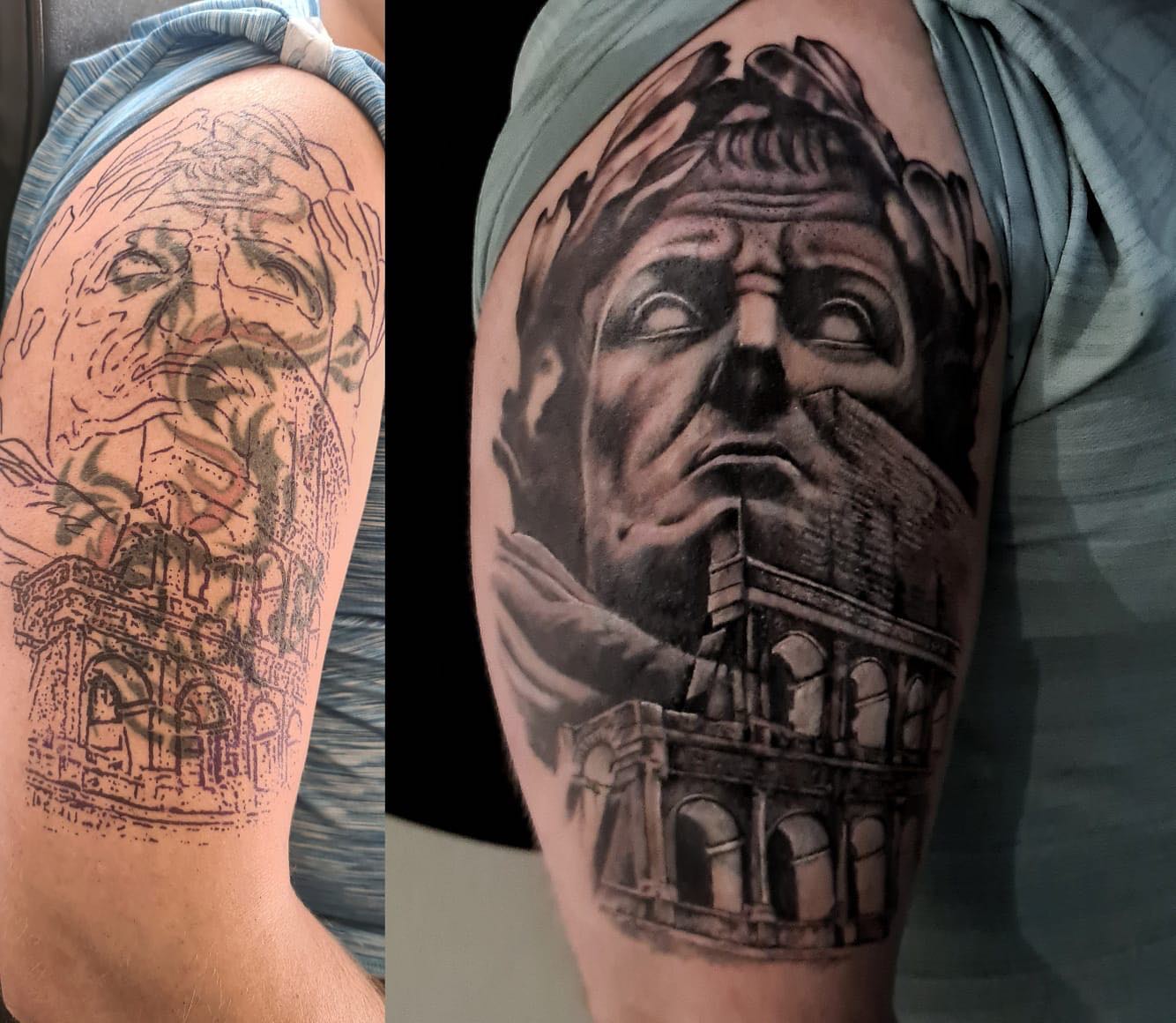 Transforming Arms into Art: Top 68 Tattoo Sleeve Ideas 19 Greek God Colosseum Sleeve Black and White Cover Up Tattoo