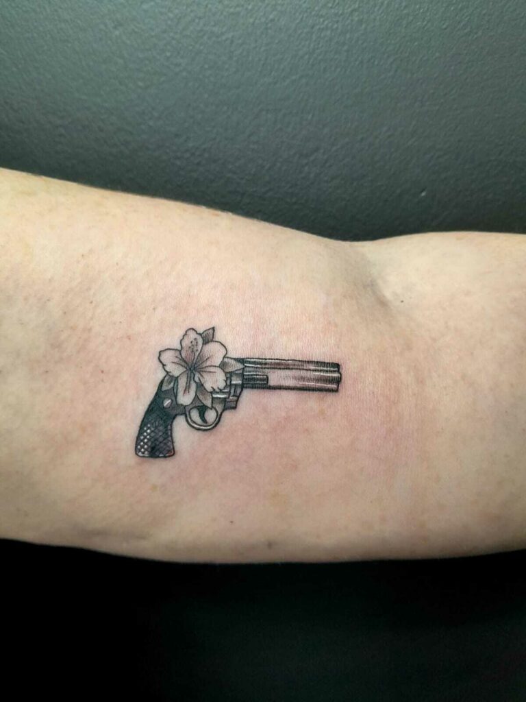 Gun Forearm Black and White Tattoo