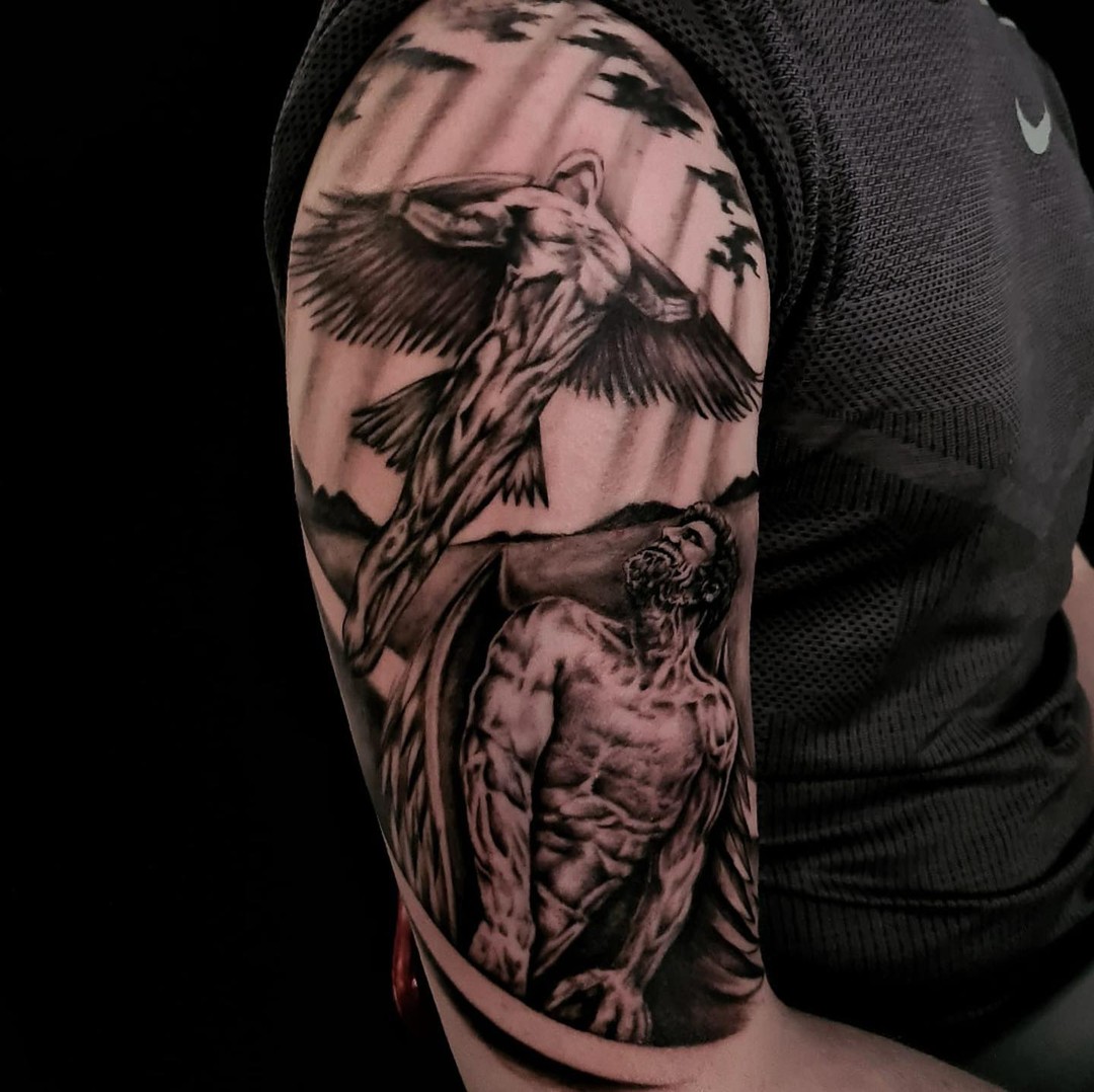Transforming Arms into Art: Top 68 Tattoo Sleeve Ideas 21 Icarian Flight Sleeve Black and White