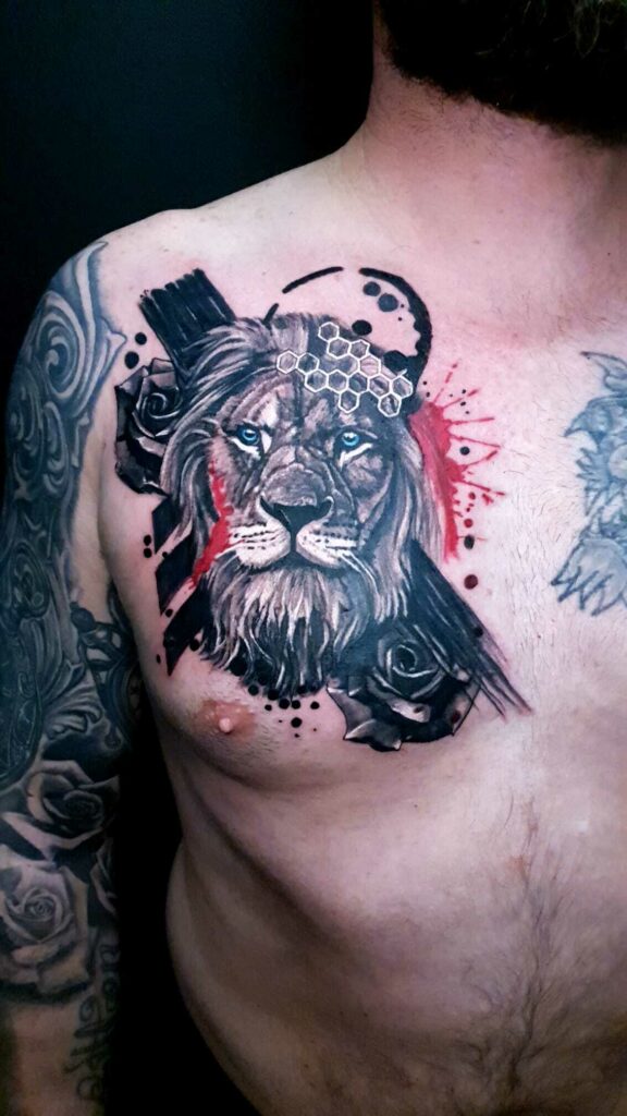 Lion Chest Color Tattoo