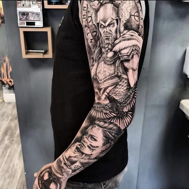 Transforming Arms into Art: Top 68 Tattoo Sleeve Ideas 30 Man and Woman Warrior Full Sleeve Black and White Tattoo