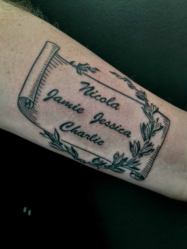 Name Forearm Black and White Tattoo