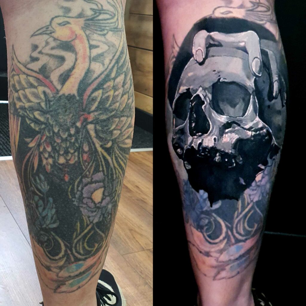 Skull and Bird Legs Color Tattoo 1