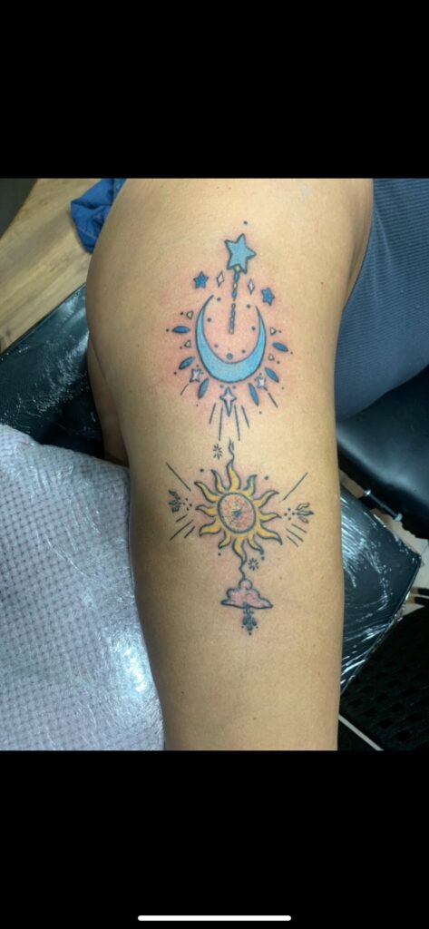 Bell And Moon Shoulder Color Tattoo