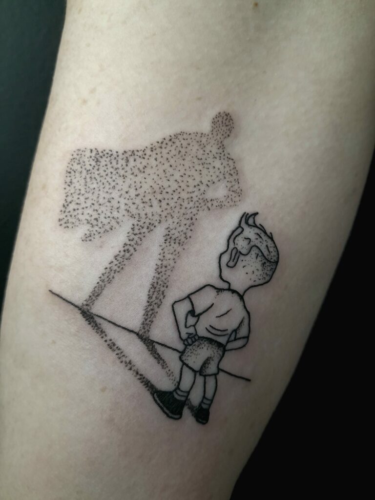 Child With Shadow Forearm Black And White Tattoo