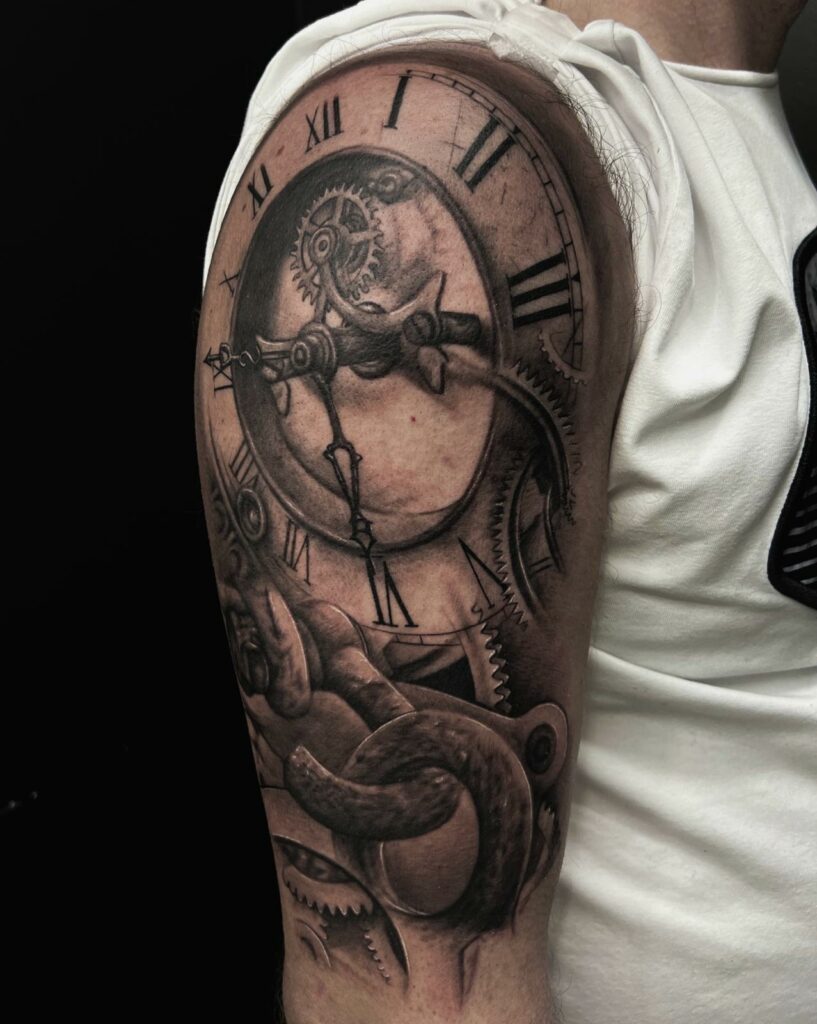 Clock And Chain Shoulder Black And White Tattoo