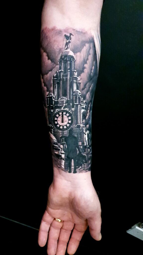 Clock Tower Back Of Hand Black And White Tattoo
