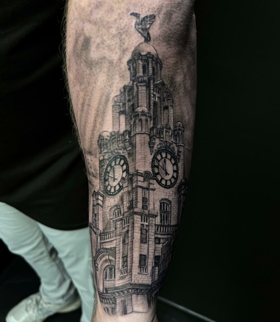 Clock Tower Hand Black And White Tattoo