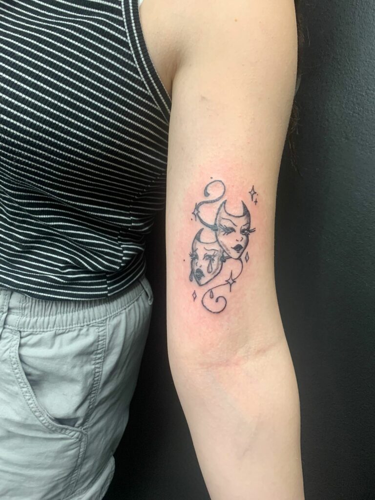 Cute Mask Biceps Black And White Tattoo