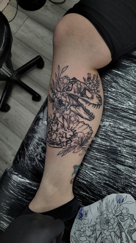 Dinosaur T Rex with flowers LEG Tattoo