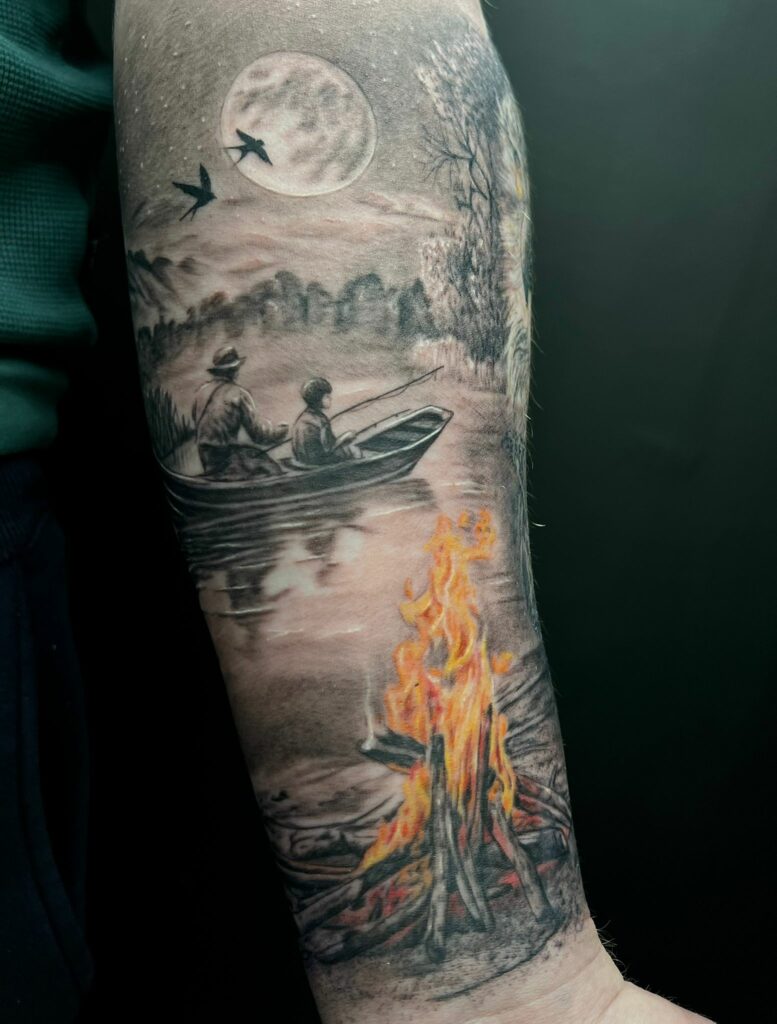 Family And Boat Forearm Black And White Tattoo