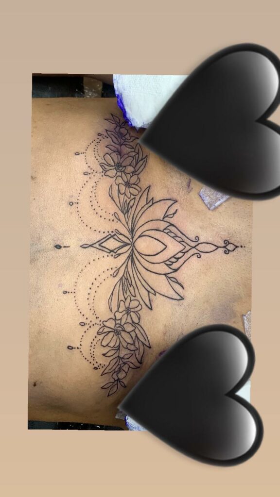 Flower Design Stomach Black And White Tattoo
