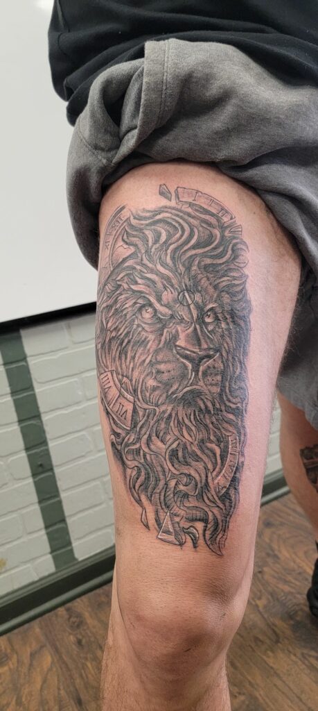 Lion Leg Black And White Tattoo