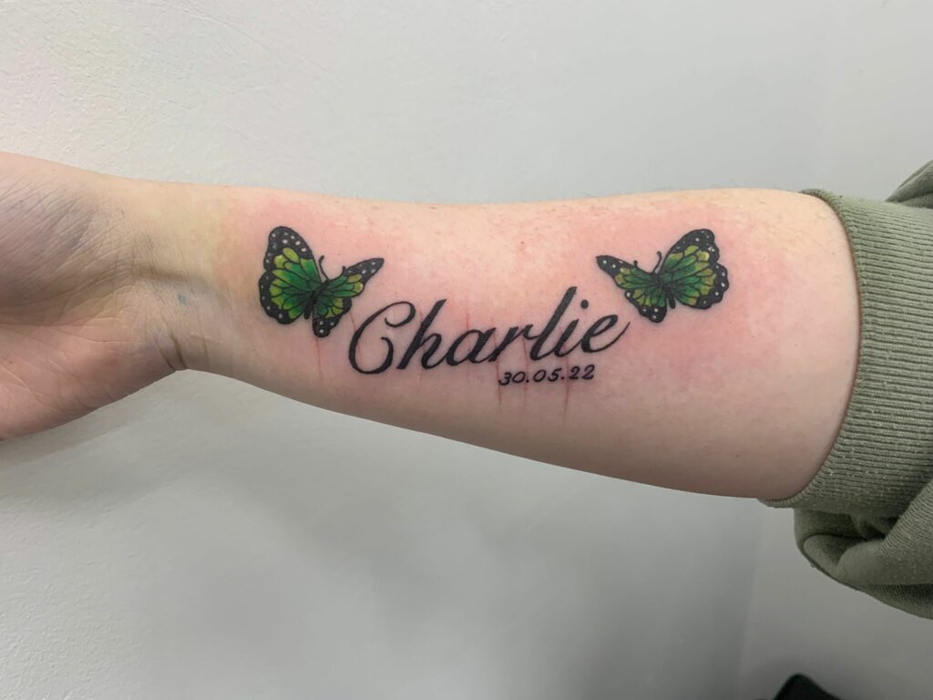 Name And Date Butterflies Forearm Color Tattoo
