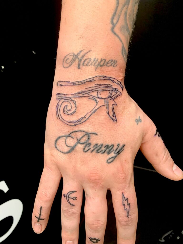 Name And Symbols Hand Black And White Tattoo