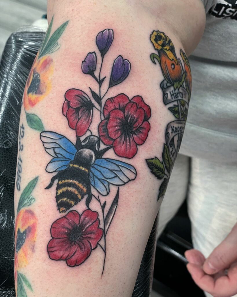 Rose and Bee Leg Color Tattoo