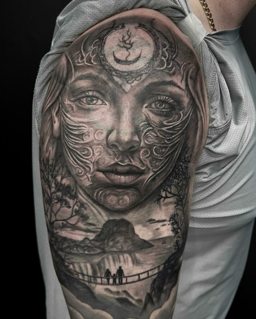 Women And Mountain Shoulder Black And White Tattoo